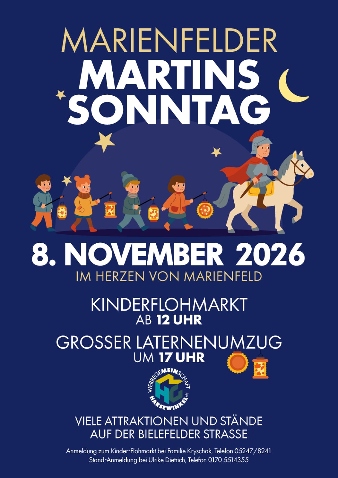 Plakat zum Marienfelder Martinssonntag 2026, Kinder mit Laternen und Martin auf dem Pferd